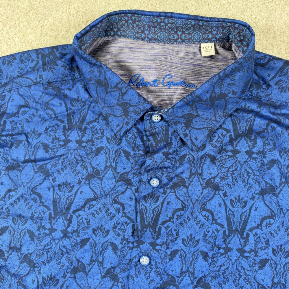 Robert Graham Button Down Mens 3XLT Blue Damask Paisley Short Sleeve Stretch